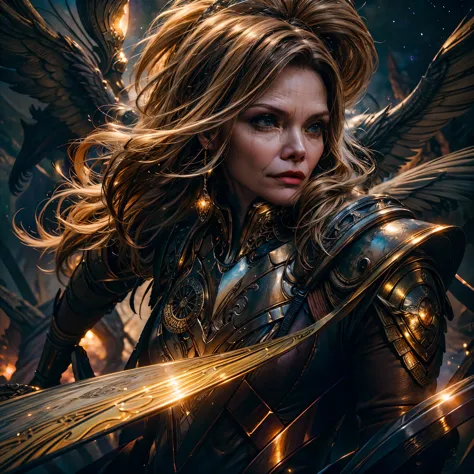 Epic Beautiful painting of Michelle-Pfeiffer as perfect gorgeous female warrior, shapeless long fullbody, perfect features, (wea...