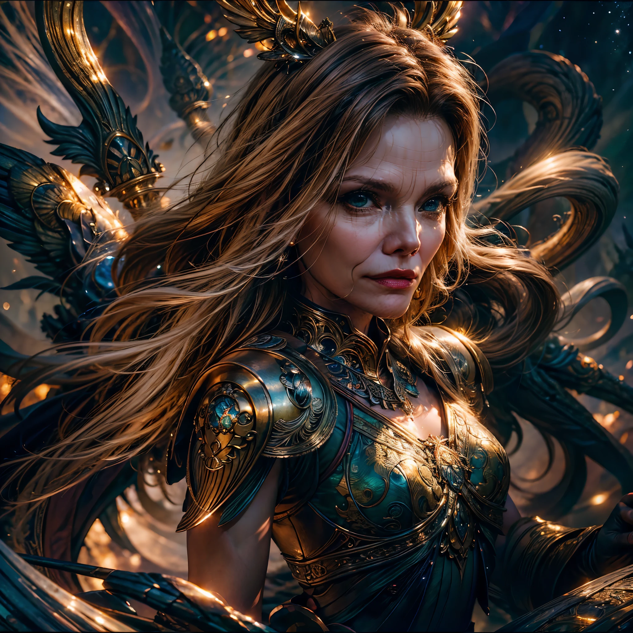 Epic Beautiful painting of Michelle-Pfeiffer as perfect gorgeous female warrior, shapeless long fullbody, perfect features, (wearing extremely baroque armor Chainmail_Armor), abstract beauty, near perfection, pure form, dynamic pose, ethereal background, (deep dark shadows), (strong cinematic lighting), (back lighting), "Michelle-Pfeiffer" concept art by Greg Rutkowski and John William Waterhouse and Alphonse Mucha, epic stunning details, intricate details, hyper post-production, ultra High resolution, ultra high details, trending on ArtStation, ultra sharp focus, depth of field f/1.8, studio photos, (((looking at camera))) magv1ll high details, best quality, absurdres [ultra detailed], masterpiece, ultra high best quality, (extremely detailed), dynamic angle, ultra wide shot, photorealistic, ((fantasy art)) ((larry elmore style)), dnd art, rpg art, realistic art, female human druid of the stars, guardian of nature, controlling magical energy made of stars, swirling blue stary magical light, divine symbols (1.5 intricate details, Masterpiece, best quality, absurdres), human female, extremally beautiful, ultra feminine, dynamic hair, dynamic hair color, wearing leather armor, holding a staff, moon light, stars, dynamic natural background, RPG art, magical atmosphere magic-fantasy-forest, ultra best realistic, best details, best quality, absurdres, [ultra detailed], masterpiece, ultra best quality, (extremely detailed), ultra wide shot, photorealism, depth of field, hyper realistic painting, 3D rendering, varies multi etc. --v 6 --s 1000 --c 20 --q 20 --chaos 100