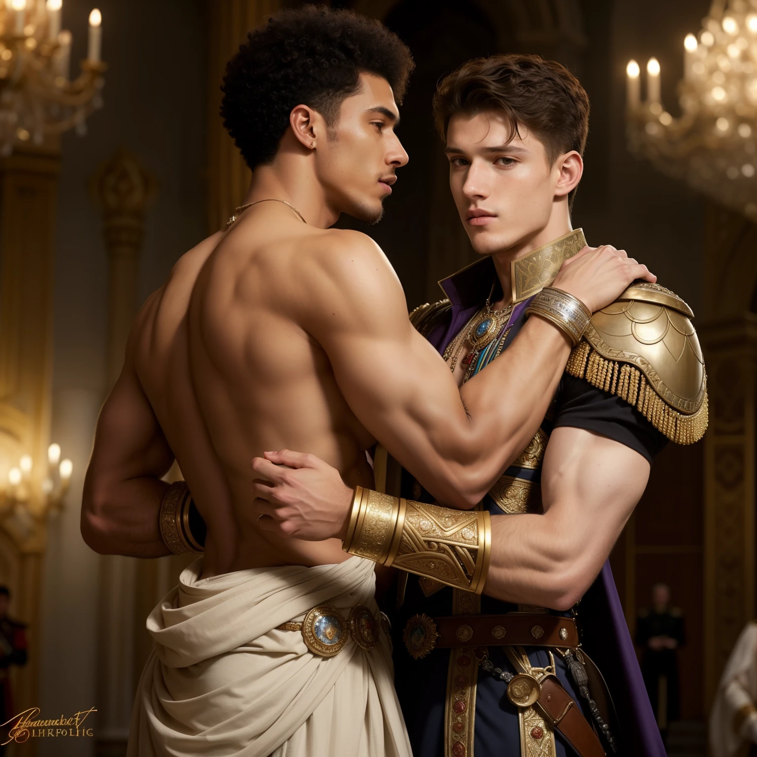 an interracial gay male couple of men in full royal garb romantic embrace, face to face, european and african, homoerotic, darius zawadzki and tom bagshaw, inspired by Hedi Xandt, brown skin man egyptian prince, by Hedi Xandt, edmund blair and charlie bowater, inspired by Frederick Lord Leighton, wlop and andrei riabovitchev, charlie bowater and mark brooks, tom holland, full body, interracial gay men, brownskin shortcurlyafro,  caucasian tsar of Russia short hair, jeweled loin guard, rendering, Imperial coat of arms Russia, males only, beautiful attractive antique kings male lovers. 
