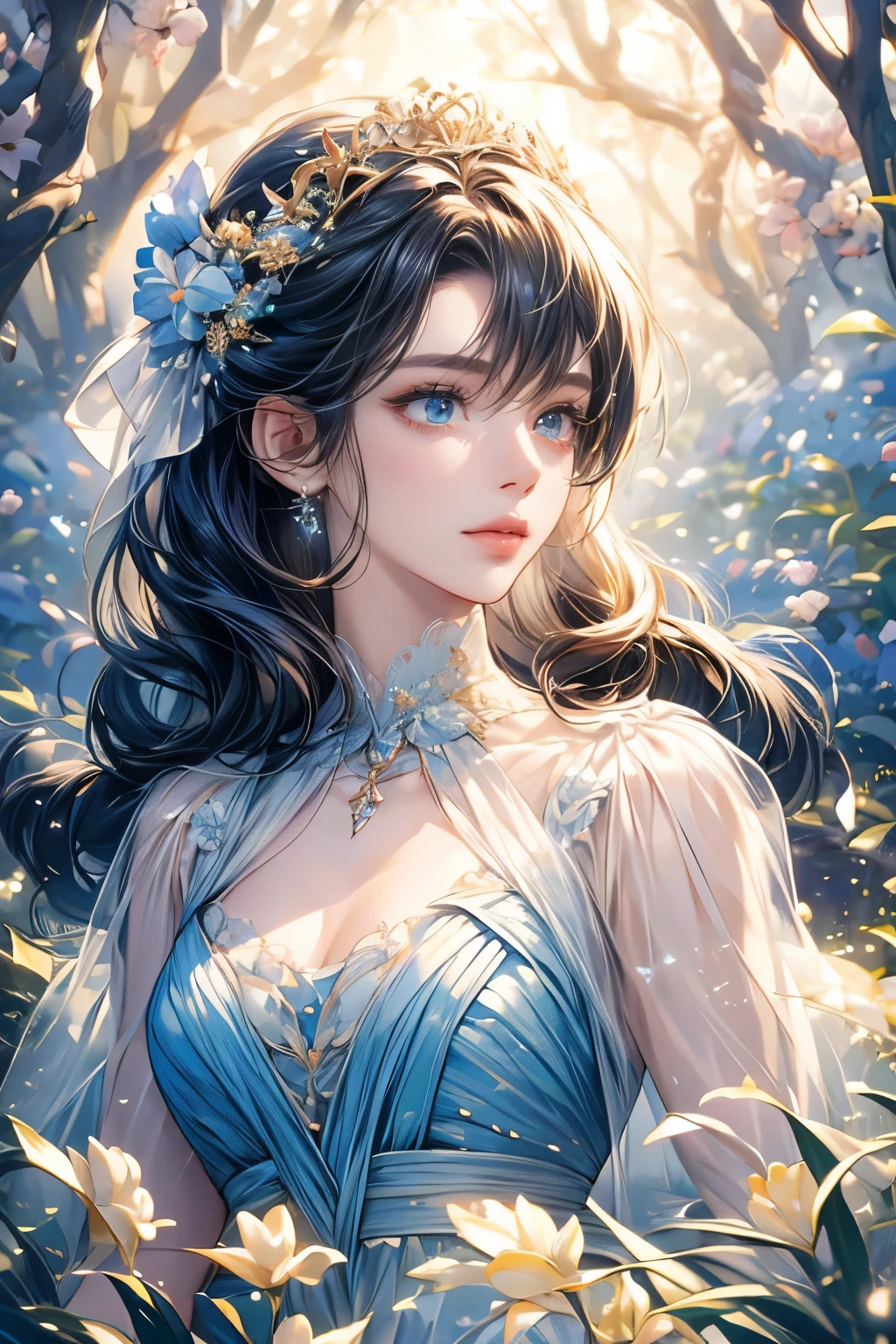 (best quality:1.4),(masterpiece:1.4),ultra-high resolution,8k,CG,(exquisite:1.2),upper body,1 girl,solitary,Thumbelina,little princess,blue taffeta court dress,forest background,detailed facial features,almond-shaped eyes,elaborate eye makeup,long lashes,bright and clear big eyes with a starry gaze,detailed lip details,soft style,subtle colors,soft lighting