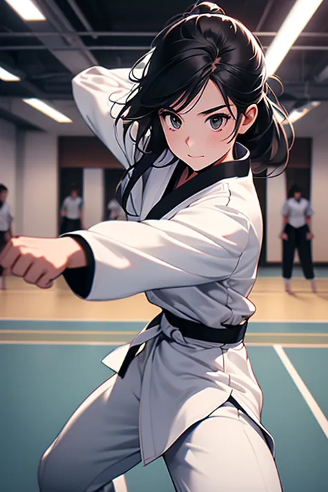 plain clothing,pure white karate uniform,white collar,karate stance,middle school girls,fighting girl,martial art,alone, 1 girl,...