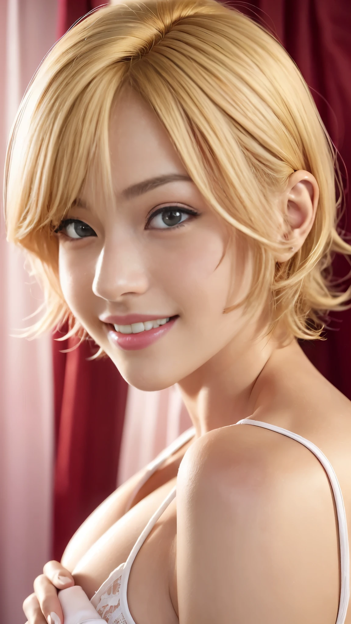 (Una jovencita japonesa muy linda de 20 años.), ((cabello rubio brillante y delicado)), ((pelo corto con ondas laterales desordenadas)),(((Tipo de cuerpo delgado y esbelto.)))，tamaño de busto mediano､senos pequeños､ (((Manos limpias)))，(Pelo RIZADO)，(((sonrisa muy amable))), 