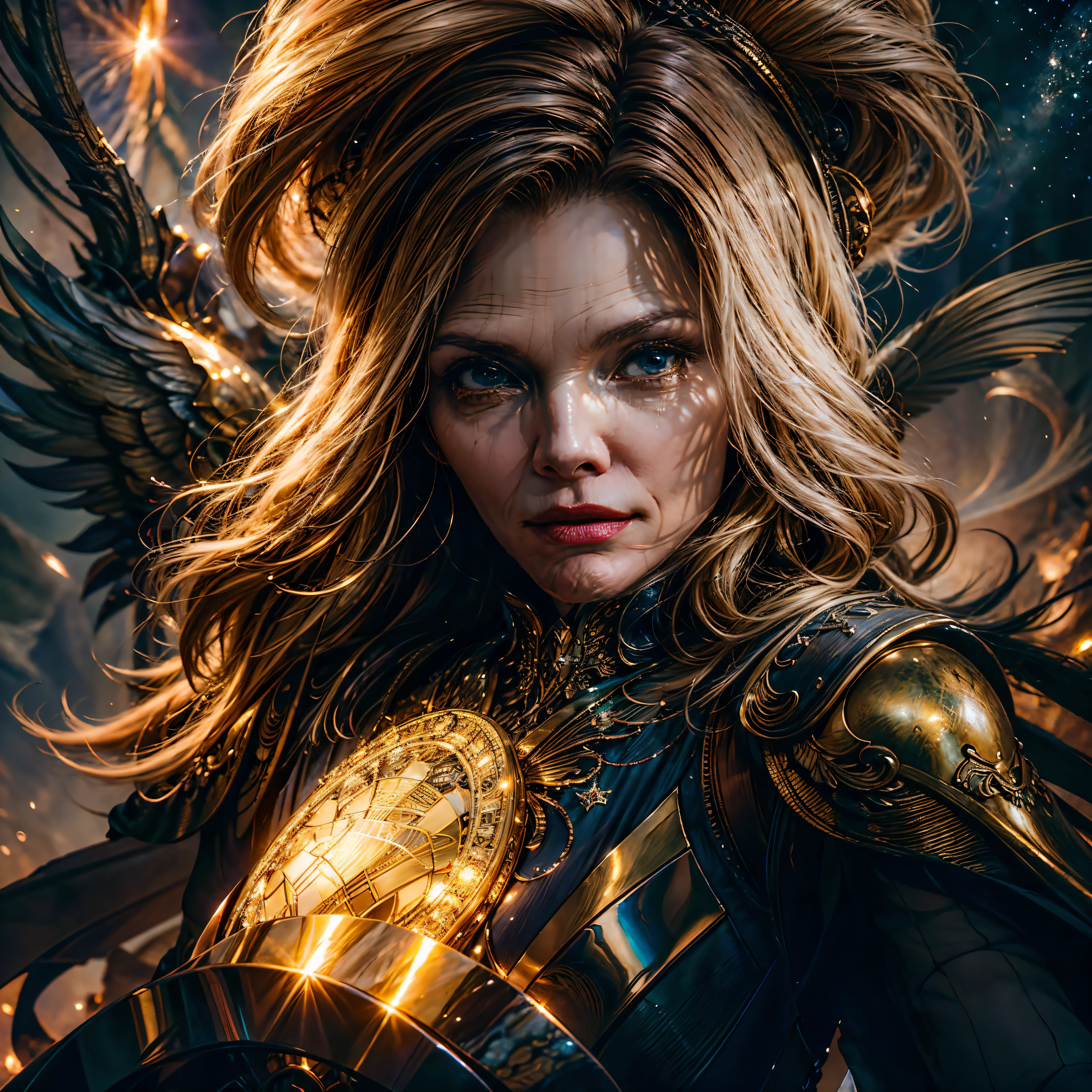 Epic Beautiful painting of Мишель-Пфайффер as perfect gorgeous female warrior, бесформенный длинный полный корпус, идеальные черты, (в чрезвычайно барочных доспехах. Кольчуга._броня), Абстрактная красота, почти совершенство, Чистая форма, динамичная поза, эфирный фон, (глубокие темные тени), (сильное кинематографическое освещение), (Заднее освещение), "Мишель-Пфайффер" концепт-арт Грега Рутковски, Джона Уильяма Уотерхауса и Альфонса Мухи, эпические потрясающие детали, сложные детали, гипер постпродакшн, Сверхвысокое разрешение, сверхвысокая детализация, в тренде на artstation, ультра острый фокус, глубина резкости f/1.8, студийные фотографии, (((смотрю в камеру))) magv1ll высокая детализация, Лучшее качество, абсурд [Ультра подробный], шедевр, ultra high Лучшее качество, (чрезвычайно подробный), Динамический угол, ультра широкий план, Фотореалистичный, ((фэнтези-арт)) ((стиль Ларри Элмора)), неважное искусство, РПГ арт, реалистическое искусство, female human druid of the звезды, хранитель природы, controlling magical energy made of звезды, кружащийся синий старый волшебный свет, божественные символы (1.5 сложные детали, шедевр, Лучшее качество, абсурд), человек женщина, чрезвычайно красивый, ультра женственный, динамичные волосы, динамичные волосы color, Ношение кожаных доспехов, держа посох, лунный свет, звезды, динамический естественный фон, РПГ арт, Волшебная атмосфера волшебного фэнтезийного леса, ультра лучший реалистичный, лучшие детали, Лучшее качество, абсурд, [Ультра подробный], шедевр, ultra Лучшее качество, (чрезвычайно подробный), ультра широкий план, фотореализм, глубина резкости, гиперреалистичная картина, 3D-рендеринг, варьируется мульти и т. д.. --v 6 --s 1000 --c 20 --q 20 --хаос 100