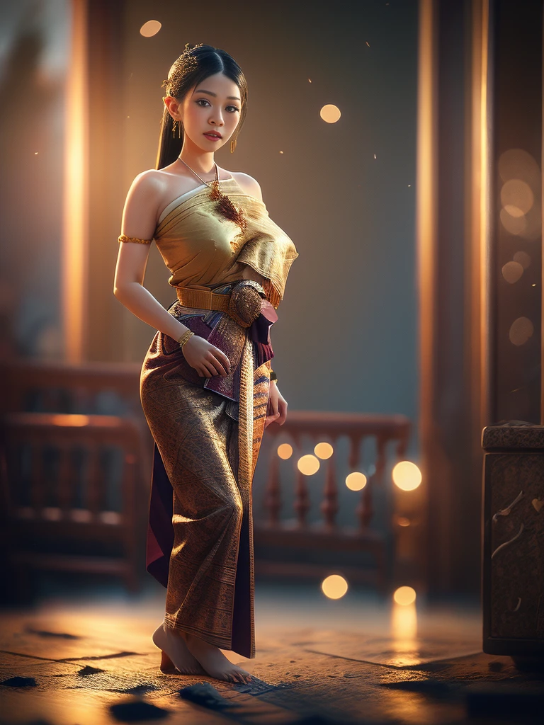 ,Thai woman, 28 years old, bigboob, big breasts, big breasts, traditional Thai pattern sarong dress, strapless, open shoulders. Thai pattern gold jewelry,long black hair,Crown,red mouth,Beautiful face,Behind the scenes of an ancient Thai temple,cinematic tone