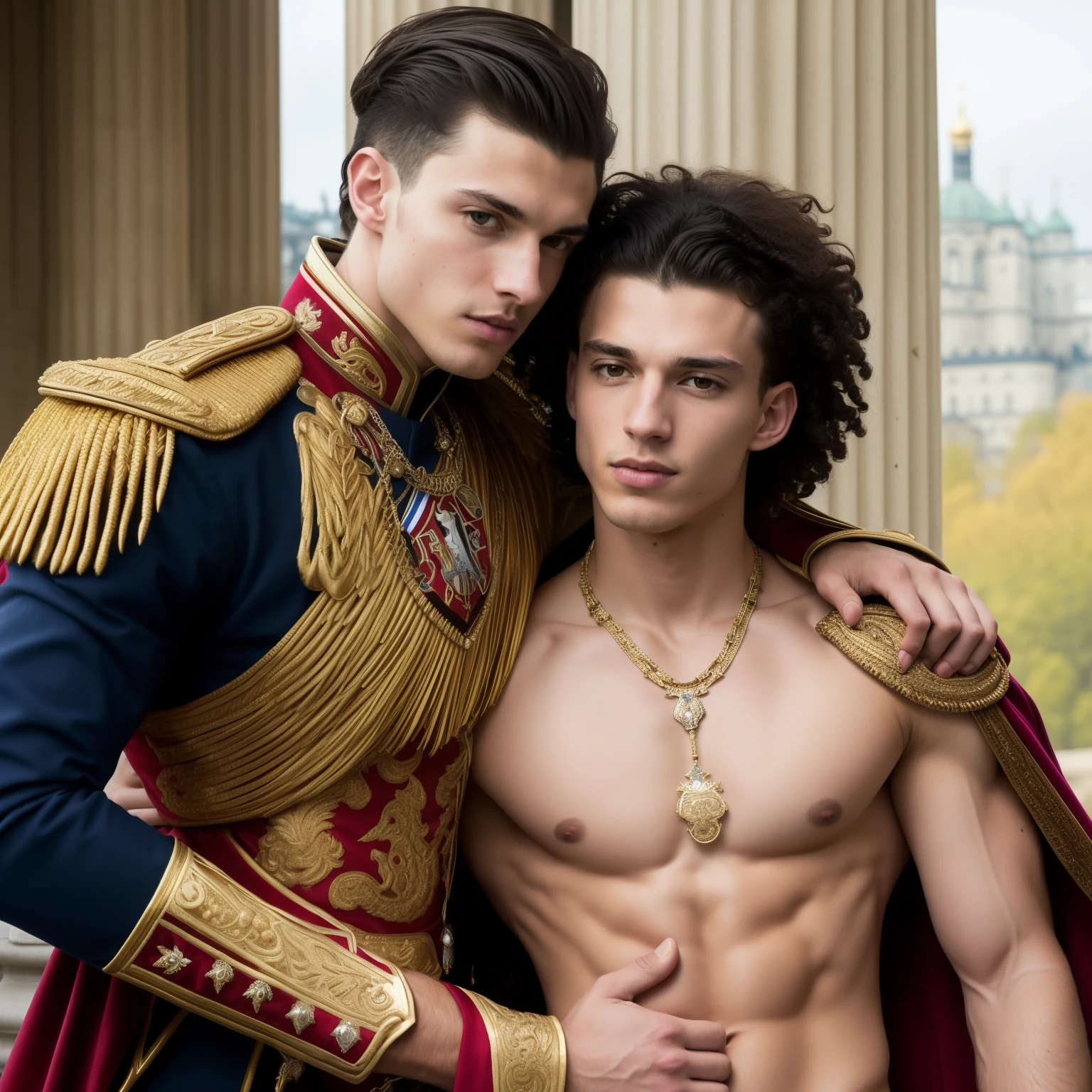 Arafed male model in military uniform and a shirtless male model in a red  cape - SeaArt AI