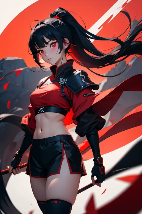 Samurai girl animado, tela roja, red rays in pelo negro, long eyelashes, solid circle eyes, sonrisa ligera, rubor de oreja, una ...