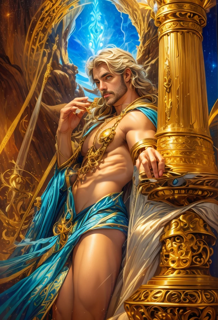 a portrait of(( one  men belo como os Deuses )) with beard, ((strong and wide chest)), strong and muscular legs in high definition, in 8K ((one  men)) de 18 anos, (( naughty man)), God of the Sea, god of the ocean, luthien, art of god, God of Greek mythology, god of moon, God of love and peace, beautiful god, Earth God Mythology, the god Eros, a stunning portrait of a God, Frank Kelly Freas, Style Karol Bak, ((beautiful face)), Ultra Definition, best qualityer, 32k ultra , ultra HD