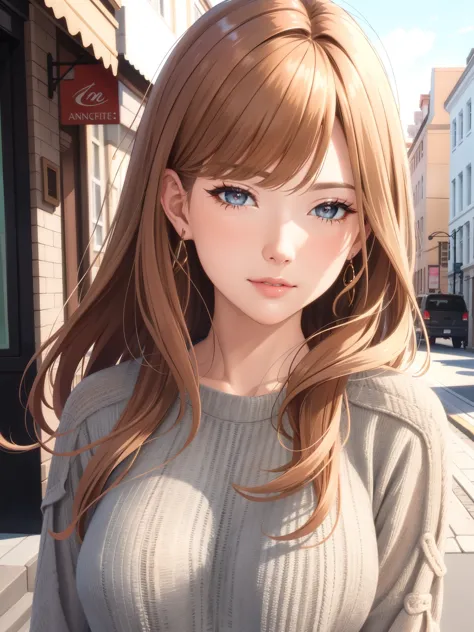 (best quality, highres, ultra-detailed eyes, close-up portrait), cool adult woman, older sister type, elegant, confident, long hair, swept-side bang, [[[brown hair]]], blonde hair, brown eyes, blush, street scene, walking, stylish clothes, ultra-detailed, ...