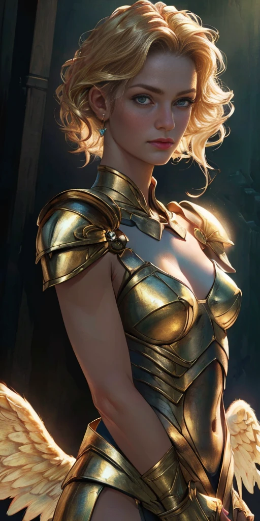 angel, armor gold (masterpiece, best quality, high resolution:1.4), 1girl, angel, skin pores texture, Hair blonde, HD , Photography, movie, cinematic, full Body, Realistic, (8k, RAW photo, best quality, masterpiece:1.2), (realistic, photo-realistic:1.33), best quality, detailed eyes blue, cute,natural lighting, depth of field, film grain, wrinkled skin, sharp, detailed and realistic portrait of a woman ,(freckles:0.5)