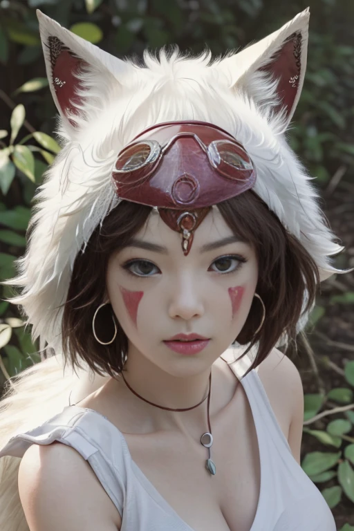 (software),(realism, ultrarealism,masterpiece, highest quality, 小型detailed), 1 girl, Wild Girl, glamor close up shot (From above) of beautiful (princessmononoke) Liar (Next to the wolf), (hugging a white fluffy wolf),  surrounded by leaves, fluffy, pixie cut, extremely short hair,( Big breasts, upright ), winding,  Severe, detailed, (realistic, photograph), blurred background, soft focus, face focus, dramatic light, Atmospheric Photography,    detailedな美しい顔, detailed pupil, 目のdetailedな虹彩, detailedなふっくらとした唇, sharp focus, (Student accent),  cute face,  close up portrait,  best selling,  Pupil glare and reflexes,