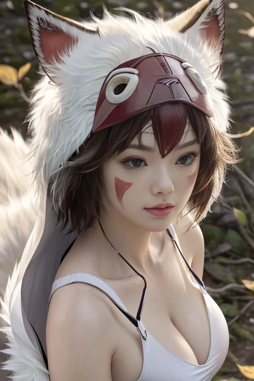 (software),(realism, ultrarealism,masterpiece, highest quality, 小型detailed), 1 girl, Wild Girl, glamor close up shot (From above) of beautiful (princessmononoke) Liar (Next to the wolf), (hugging a white fluffy wolf),  surrounded by leaves, fluffy, pixie cut, extremely short hair,( Big breasts, upright ), winding,  Severe, detailed, (realistic, photograph), blurred background, soft focus, face focus, dramatic light, Atmospheric Photography,    detailedな美しい顔, detailed pupil, 目のdetailedな虹彩, detailedなふっくらとした唇, sharp focus, (Student accent),  cute face,  close up portrait,  best selling,  Pupil glare and reflexes,