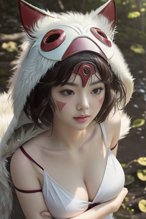 (software),(realism, ultrarealism,masterpiece, highest quality, 小型detailed), 1 girl, Wild Girl, glamor close up shot (From above) of beautiful (princessmononoke) Liar (Next to the wolf), (hugging a white fluffy wolf),  surrounded by leaves, fluffy, pixie cut, extremely short hair,( Big breasts, upright ), winding,  Severe, detailed, (realistic, photograph), blurred background, soft focus, face focus, dramatic light, Atmospheric Photography,    detailedな美しい顔, detailed pupil, 目のdetailedな虹彩, detailedなふっくらandした唇, sharp focus, (Student accent),  cute face,  close up portrait,  best selling,  瞳孔のまぶしさand反射,Kana Hashimoto、and