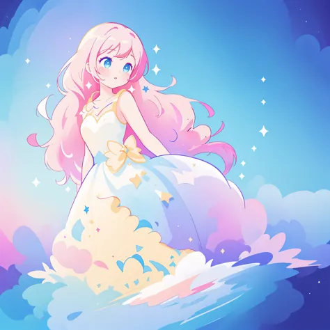 beautiful girl, puffy tiered ballgown, vibrant pastel colors, (colorful), glowing golden long hair, magical lights, sparkling ma...