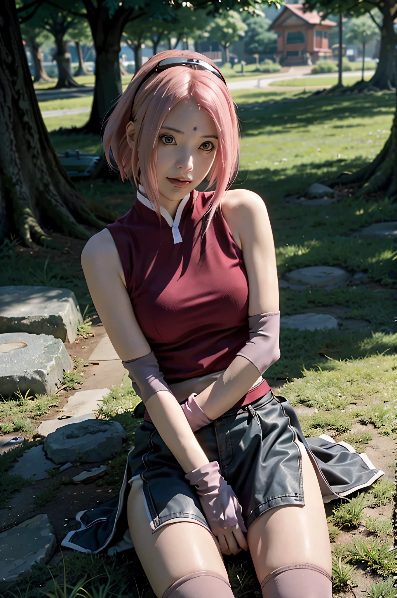 there is a woman sitting on the grass in a red top, sakura haruno, haruno sakura, ayaka cosplay, anime girl cosplay, from final fantasy vii, sakura haruno in slug sage mode, from final fantasy xiii, from final fantasy, cute girl with short pink hair, yayoi kasuma, from ff7, with pink hair, anime cosplay