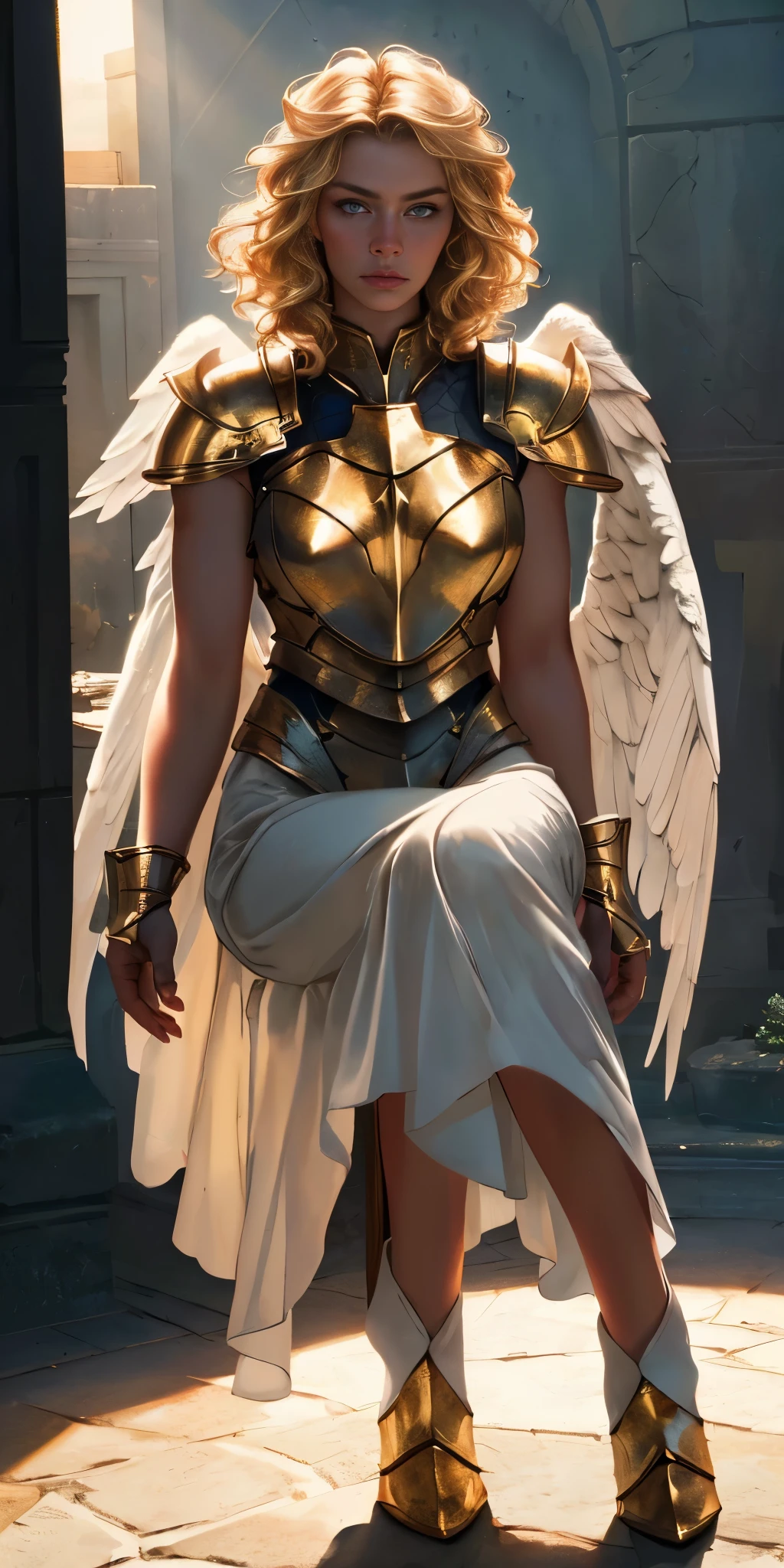 angel, armor gold (masterpiece, best quality, high resolution:1.4), 1girl, angel, skin pores texture, Hair blonde, HD , Photography, movie, cinematic, full Body, Realistic, (8k, RAW photo, best quality, masterpiece:1.2), (realistic, photo-realistic:1.33), best quality, detailed eyes blue, cute,natural lighting, depth of field, film grain, wrinkled skin, sharp, detailed and realistic portrait of a woman ,(freckles:0.5)