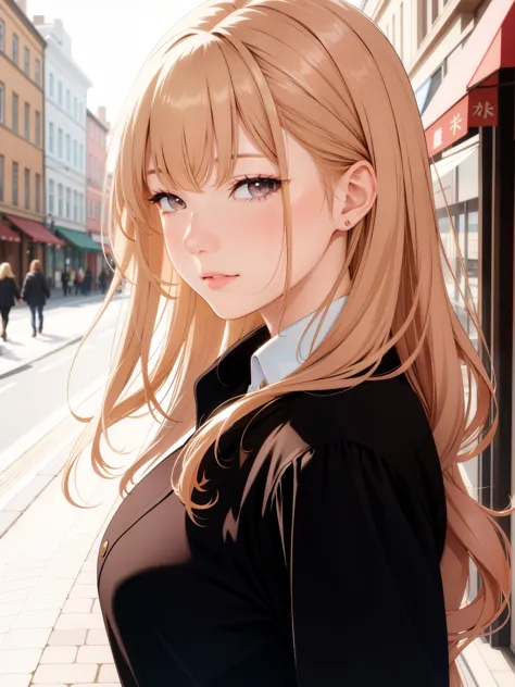 (best quality, highres, ultra-detailed eyes, close-up portrait), cool adult woman, onee-san type, elegant, confident, long hair, swept-side bang, [[[brown hair]]], blonde hair, brown eyes, blush, street scene, walking, stylish clothes, ultra-detailed, vibr...