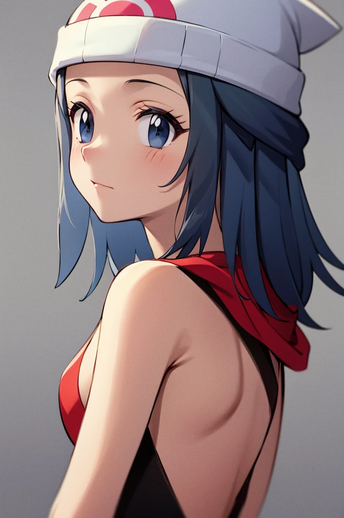 masterpiece, best quality, 1girl, dawn \(pokemon\), beanie, blue hair, blue eyes, closeup, sketch, simple background 