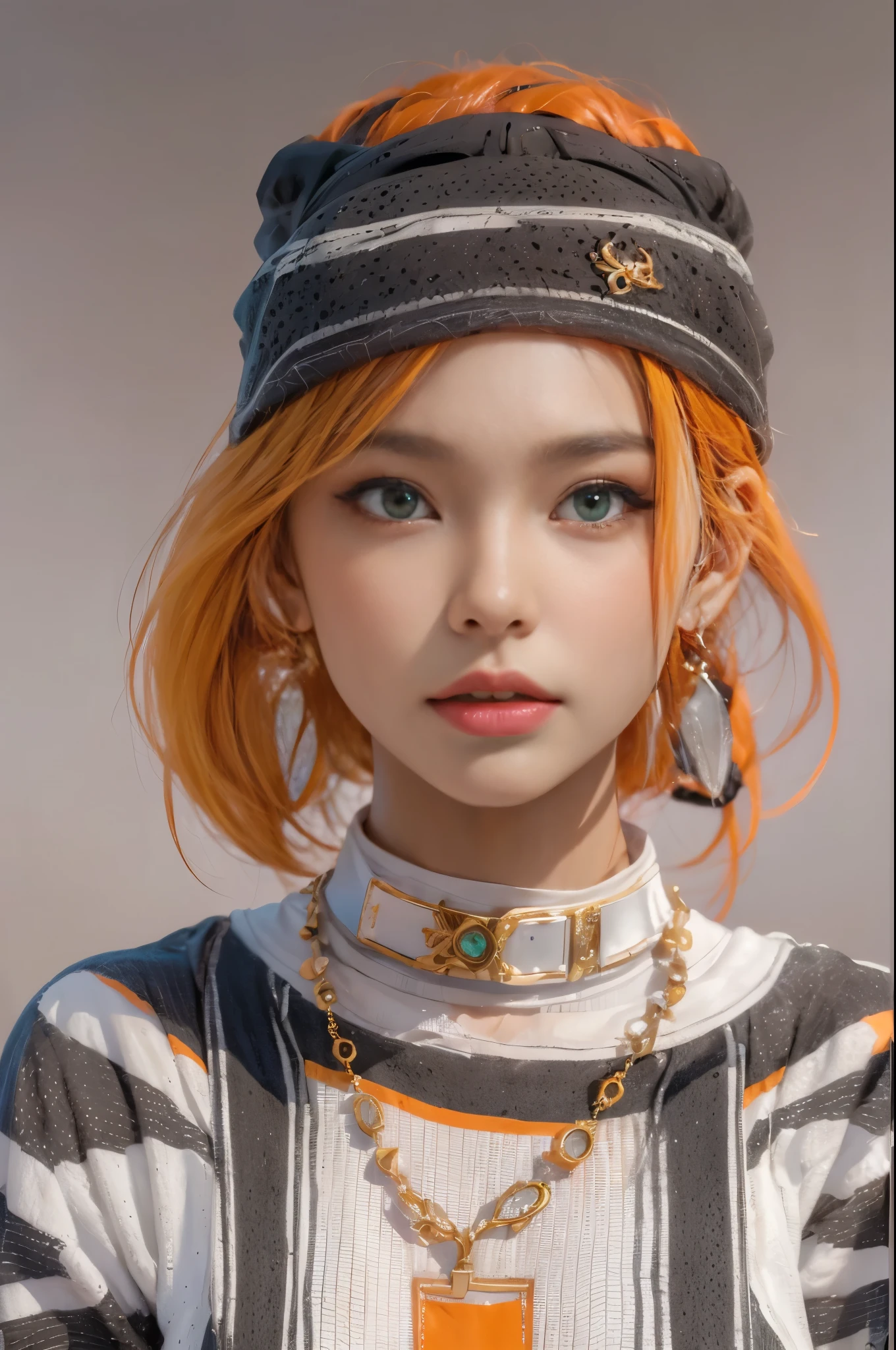 photorealistic, high resolution, 1 girl with layka face, layka, malay, hips up, beautiful green eyes, orange hair, white streetwear with orange stripe, black necklace choker, elegant earrings, radiance. 