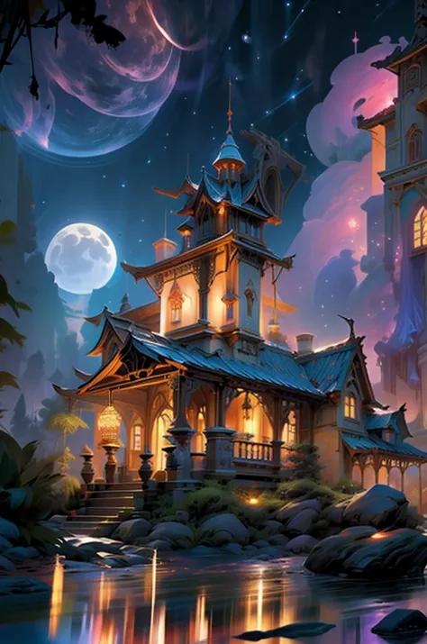 迪士尼castle，night view，castle，Colorful fireworks in the background，一座宏伟的童话般的castle在远处很高，Tower decorated with sparkling pastel colo...