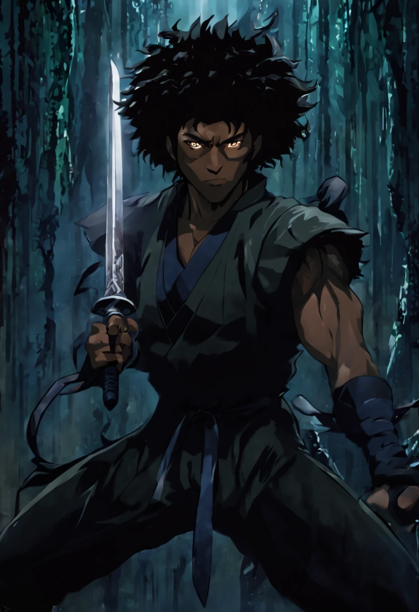 (best quality, highres, ultra-detailed:1.2), black African american male anime ninja, carrying a sword, dark brown skin, black african male features, dark atmosphere, intense action, stealthy movements, full body pose, complete body in frame, solo mission, dynamic poses, all black ninja attire, black ninja mask,  intense eyes, black afrocentric hair, black afro, african American hairstyle, darkest brown skin, coffe dark skin, intricate details, ninja boots, energetic background, vibrant colors, comic book style, dramatic lighting, sharp focus
