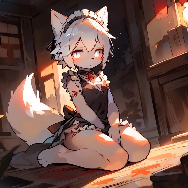 Masterpiece, high quality portrait, 16k, Furry,solo person，(white eyes, white hair，White arms，White legs:1.2),，Maid dress，Fox, cub, bit girl,skin_Fang, Double reference, warm lights, Japanese-style kneeling sitting,Bedrooms, Full shot,author：Sumi Kuroi, Yupa,Kiyosan