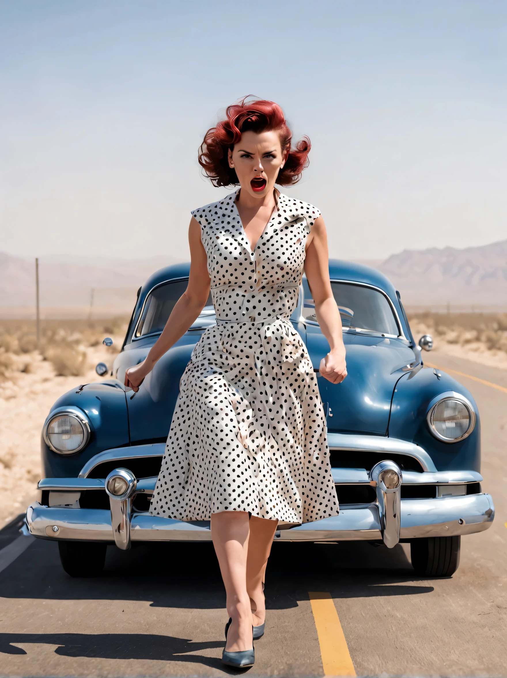 Estilo dos anos 1950, mulher irritada em um vestido de bolinhas, deixando-a com seu carro clássico Hudson Hornet, quebrado e fumegante, caminhando em direção à câmera, punhos cerrados, estrada vazia no deserto, história em quadrinhos,história em quadrinhos