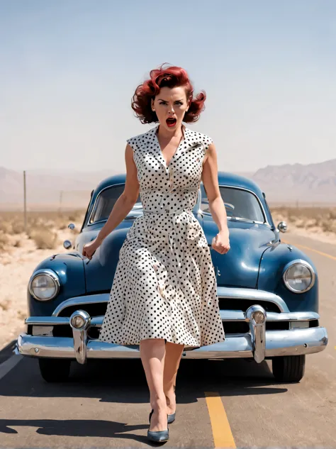 1950s style, angry woman in a polka dot dress, leaving her broke down and steamy hudson hornet classic car, walking towards came...