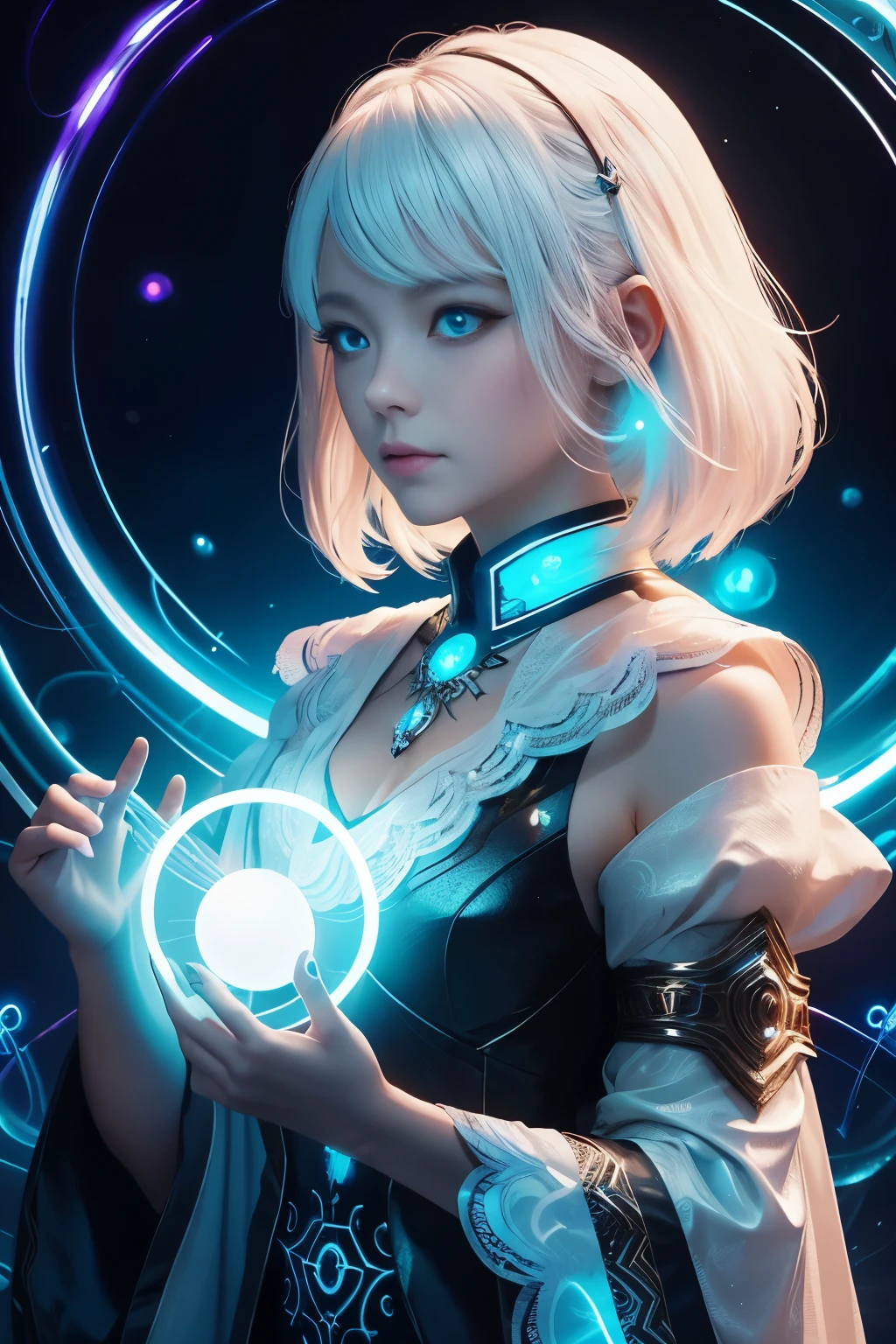 ((upper body)), best quality, masterpiece, a Japanese woman with ((Luminescence white hair)), ((detailed pearl blue eye)), high detailed goddess soul, focus on character, solo, (style swirl magic), solo, from front, front view, looking at viewer, detailed face, ((Luminescence Lighting Magic Circle theme)), perched on a ledge, tight neon body, light streaks, dark abyssal wanderer abstract, ((Simple Luminescence Neon Gown)), inscribed with mystical runes, outdoor dystopian background,