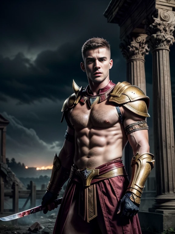 ((masterpiece)),((Best quality)),8K, high detailed, ultra detailed, Stylish pose, Real skin texture, Gloomy cinematic lighting, full body shot, Lens 35mm, night, dark night, masculine, 26 year old Italian male model., beautiful novel, he is the god of war, he is Ares, (God Ares:1.4), Mars, sinister, A strong look, Light green eyes, emerald green eyes, Strong jawline, square jaw, dressed as a red gladiator, ancient red gladiator, short red men&#39;s gladiator skirt, shaven face, (Buzz Cut Hair:1.4), short wavy hair, dark brown, shirtless, top naked, smoke, fire, open field, fighting, background, blood on his chest, , , flawless skin, high detail, destroyed ancient Rome, ancient army in the background, Dark Storm, dark atmosphere, dark cloudy night,,,,,depth of field, award winning photography, elegant, hyperrealistic, octane number, Unreal, a high resolution, 8K resolution, very detailed, 8K uhd, Professional lighting, photon mapping, radiation, Physical rendering
