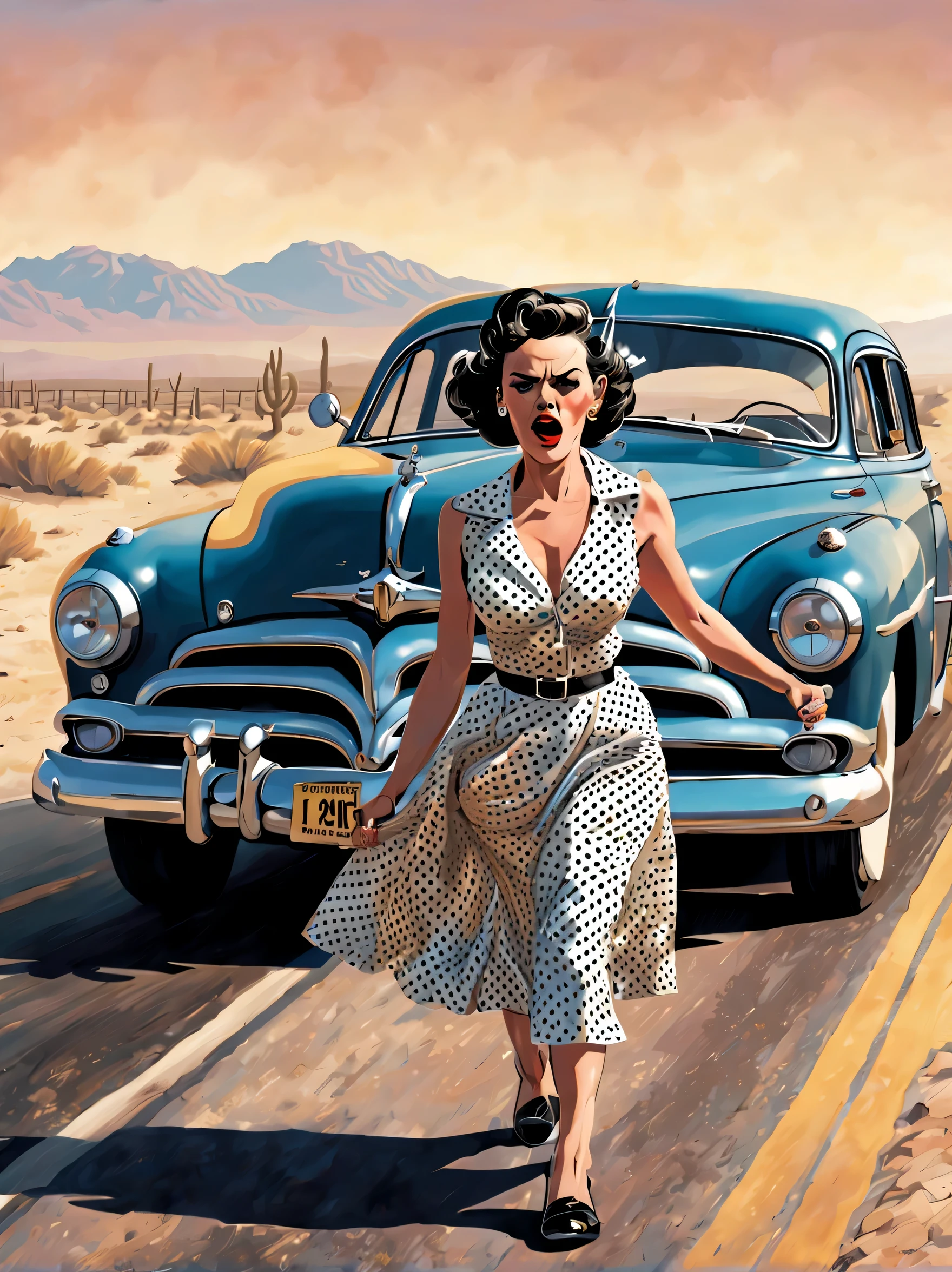 Estilo dos anos 1950, mulher irritada em um vestido de bolinhas, deixando-a com seu carro clássico Hudson Hornet, quebrado e fumegante, caminhando em direção à câmera, punhos cerrados, estrada vazia no deserto, Insanamente detalhado e intrincado, história em quadrinhos, história em quadrinhos