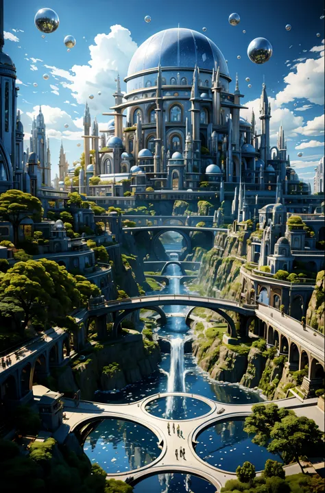 BJ_City_of_Wisdom, outdoors, sky, day, cloud, water, tree, blue_sky, no_humans, building, scenery, bubble, city, fantasy, bridge...