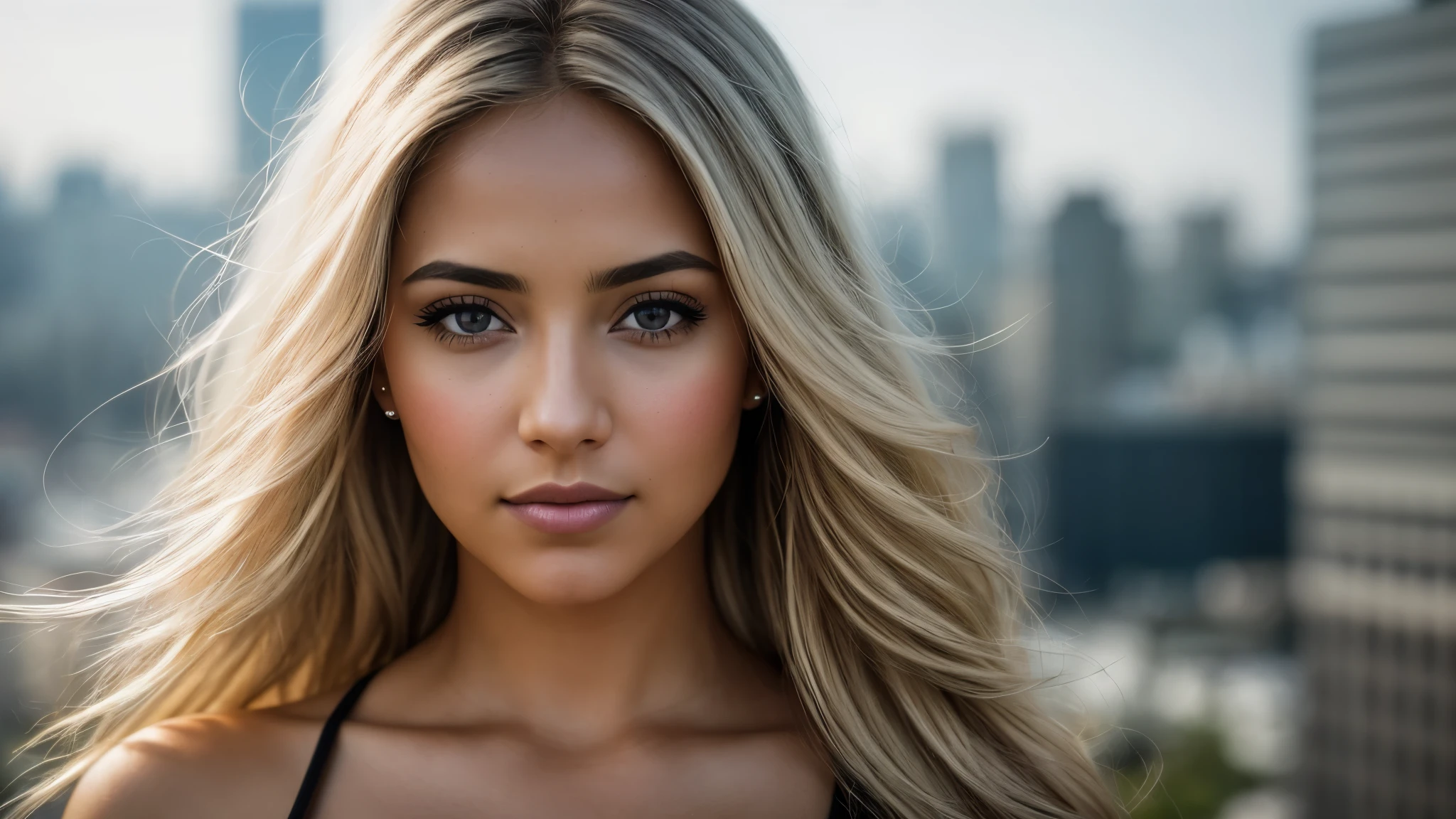 A close up of a woman with long blonde hair and a black top - SeaArt AI