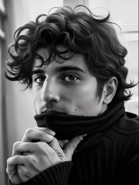 Arafed man with curly hair and a black sweater., retrato de un joven italiano, por Alexis Grimou, inspirado en Federico Zuccari,...
