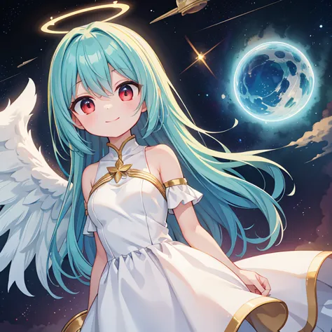 woman, teal hair, red eyes, smile, angel wings, Golden halo, white dress, upright, in outer space, Milky Way in the background, ...