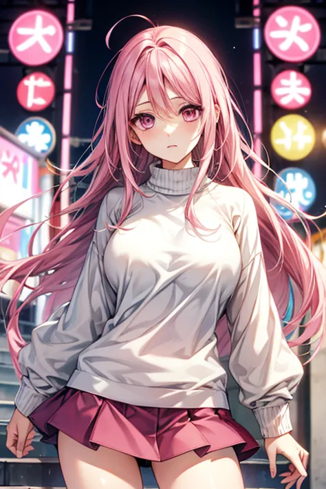 pink hair、pink eyes、big breasts、No underwear、Full view of pussy、mini skirt、knit sweater