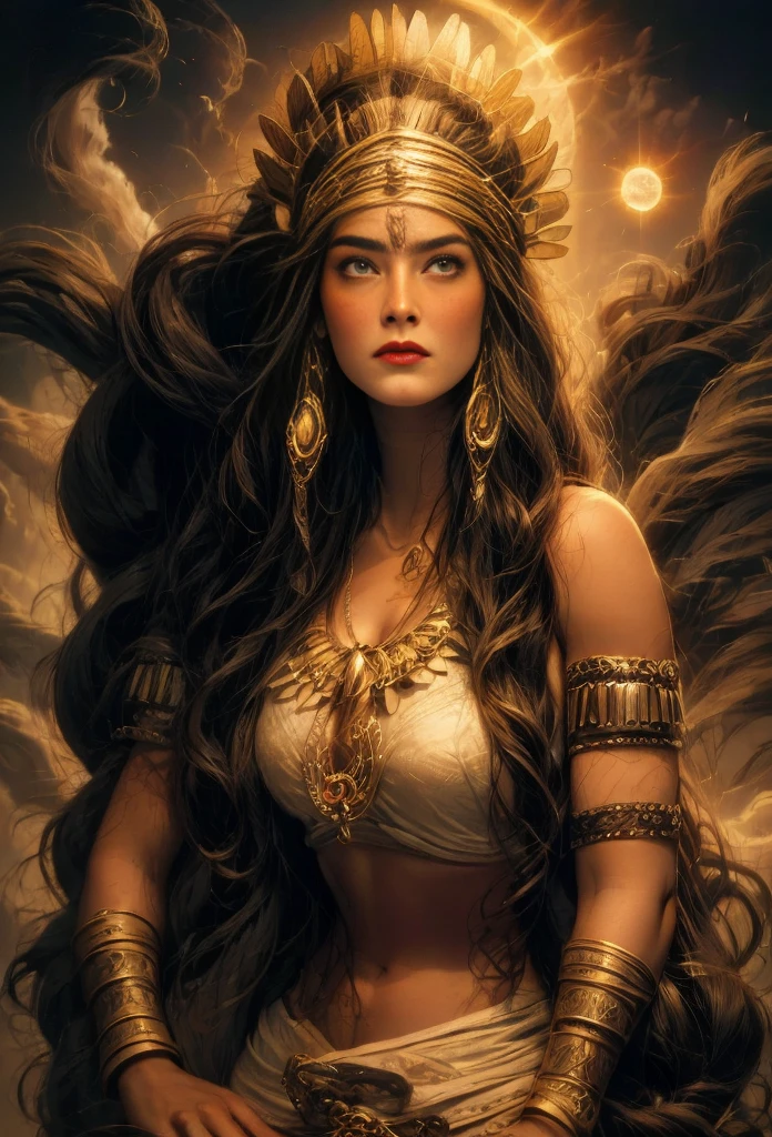 un portrait de(( une gitane )) longs cheveux noirs bouclés décorés de roses, la plus belle des femmes, yeux verts séduisants, en haute définition, je suis 8K, 18 ans, Déesse de la mer, Déesse de l&#39;Océan, Luthien, art de la déesse, déesse de la mythologie grecque, Déesse de la lune, Déesse de l&#39;amour et de la paix, belle déesse, Mythologie de la Déesse de la Terre, La Déesse Mère, Un superbe portrait d&#39;une déesse, Frank Kelly Freas, Style Karol Bak, ((Beau visage)), Ultra définition, meilleure qualité, 32k ultra , Ultra HD