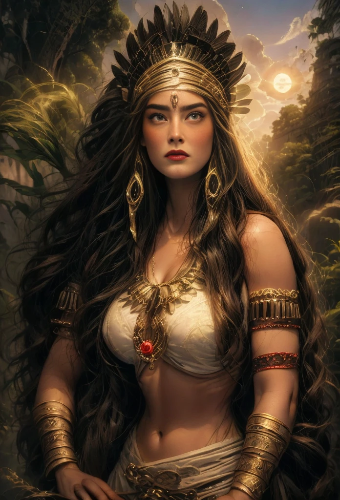 un portrait de(( une gitane )) longs cheveux noirs bouclés décorés de roses, la plus belle des femmes, yeux verts séduisants, en haute définition, je suis 8K, 18 ans, Déesse de la mer, Déesse de l&#39;Océan, Luthien, art de la déesse, déesse de la mythologie grecque, Déesse de la lune, Déesse de l&#39;amour et de la paix, belle déesse, Mythologie de la Déesse de la Terre, La Déesse Mère, Un superbe portrait d&#39;une déesse, Frank Kelly Freas, Style Karol Bak, ((Beau visage)), Ultra définition, meilleure qualité, 32k ultra , Ultra HD