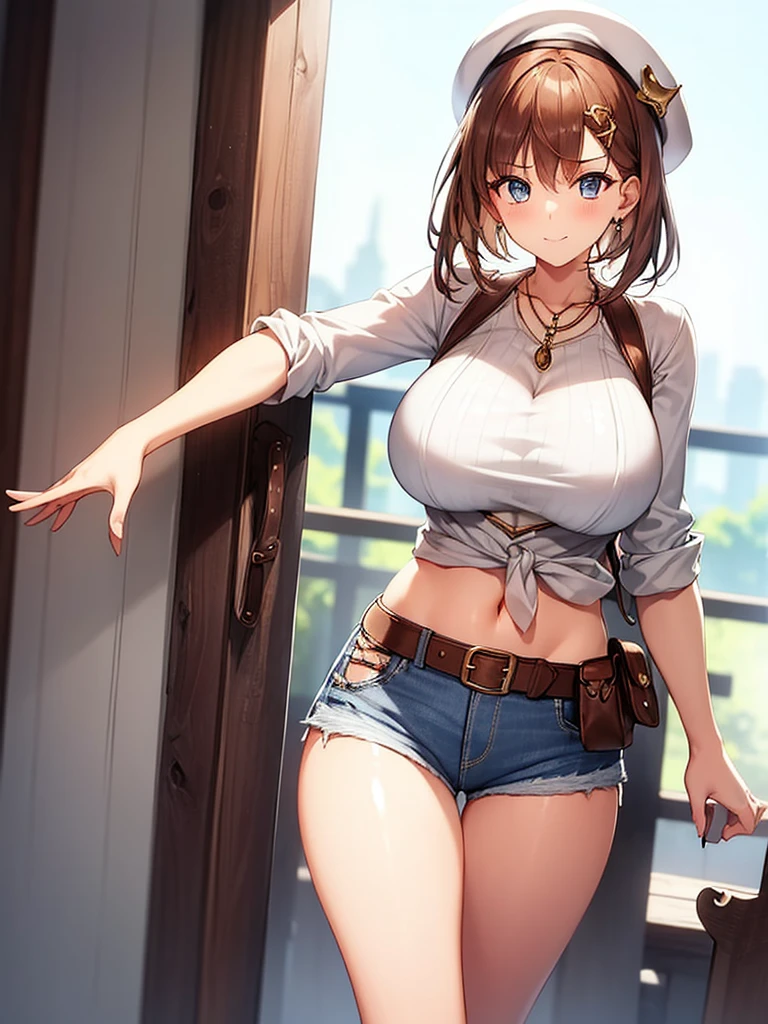 1 girl, riser, ((white shirt)), huge breasts, Naughty big breasts, ((long slender legs)), ((thin waist)), thighs, beret, denim shorts, over the knee boots, Right hand glove, cowboy shot, Curvaceous, Pose that emphasizes the chest, Beautiful woman