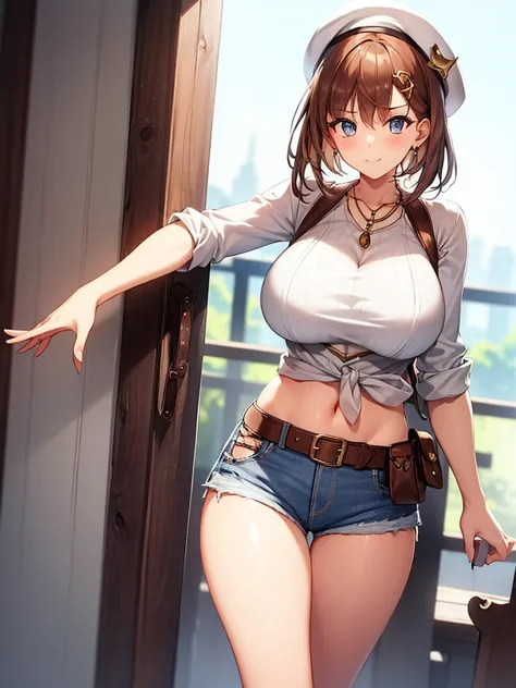 1 girl, riser, ((white shirt)), huge breasts, Naughty big breasts, ((long slender legs)), ((thin waist)), thighs, beret, denim s...