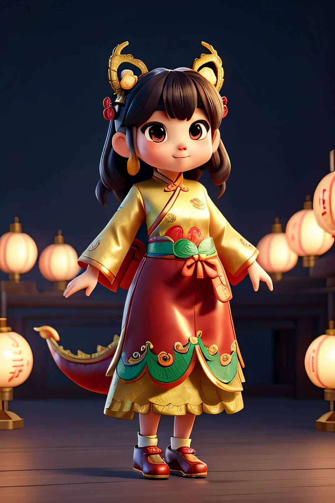 Lovely chinese girl，big eyes，Lovely，红色festive的衣服，a chinese dragon，Lovely chinese dragon，festive，非常festive，friends，full body chinese girl，Chinese fantasy，beautiful figure painting，8k，High quality artistic details，Detailed digital animation art，more details，