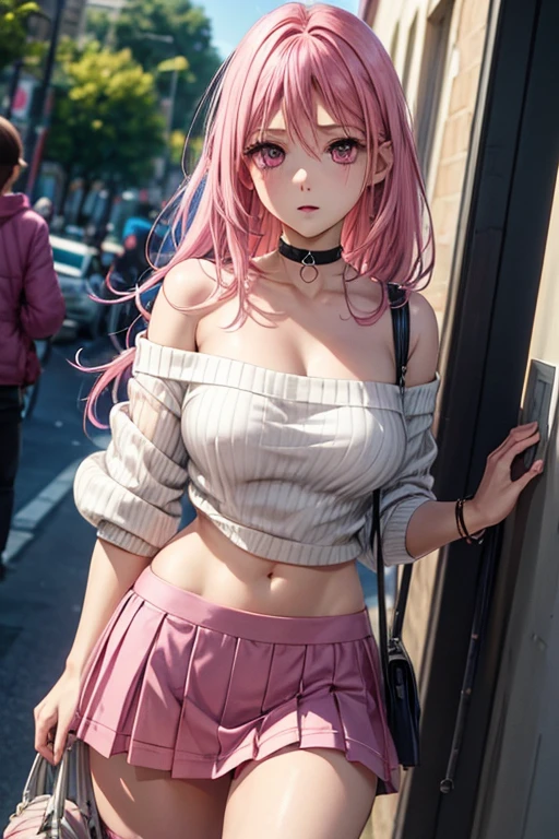 pink hair、pink eyes、big breasts、(No underwear)、((show))、mini skirt、knit sweater、off shoulder、show off your crotch、nipple、(have a skirt)、choker、1 girl、hostel