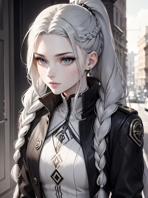Cassandra is a tall young woman in her 20s with pale skin., gray eyes and white wavy hair with gray streaks, braided into a high...