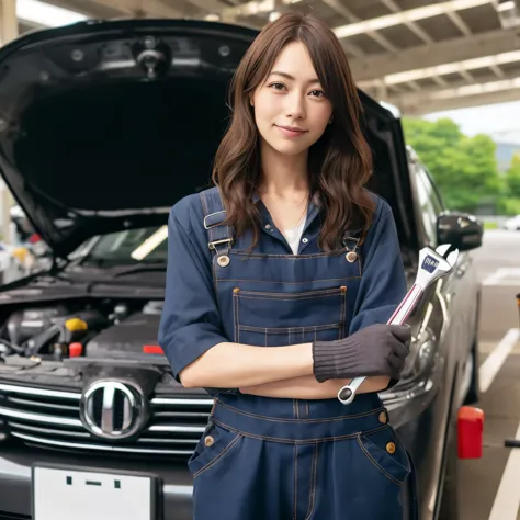 A woman wearing overalls standing next to a car, mechanic, maintenance, kimi takemura, yasumoto oka, Work clothes, beginner, mechanic, 🚿🗝📝