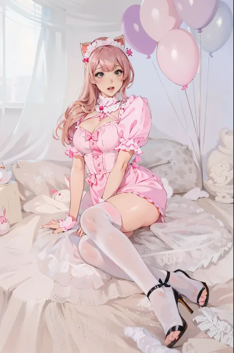 there is a woman in a pink dress sitting on a bed, anime girl cosplay, Surreal Sweet Bunny Girl, Cartoon Barbie wearing white stockings, Belle Delphine, sakimichan, cosplay of a catboy! maid! dress, cosplay, anime cosplay, pink girl, trending on cgstation,...