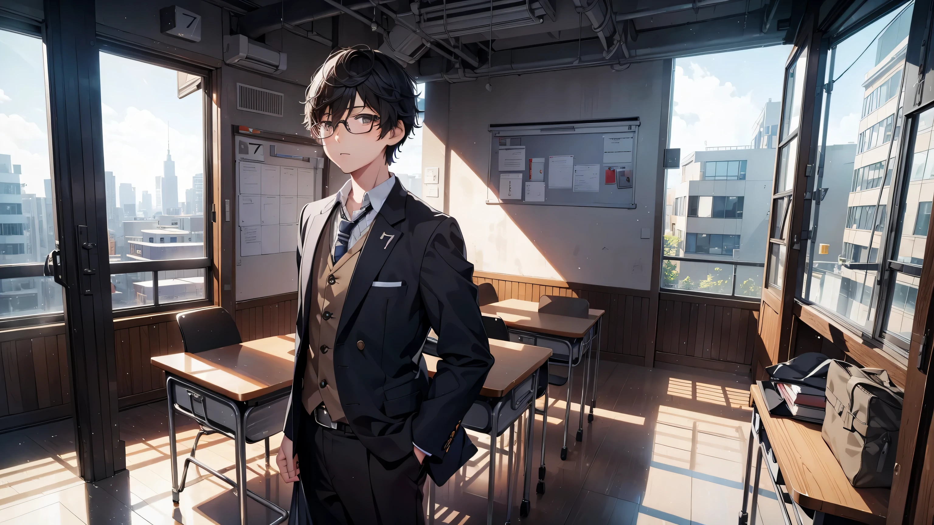masterpiece, best quality, 1boy, solo, Amamiya Ren, glasses, ((tsume-eri gakuran boy japanese school uniform)), corridor, ((top quality, ultra-detailed, high resolution, extremely detailed CG, unity 8k wallpaper, by famous artist, perfect anatomy, super detailed skin, cinematic lighting, UHD, retina, anatomically correct, 1080P)), (Please draw a single one boy walking in a classroom school :1.3), ((1boy)), (Solo, face,17-year-old:2.0), a high school student, ((full dark brown hair)) Full limbs, complete fingers, ((perfect fingers, perfect arms)), masculine, manly, small butt, Beautiful detailed full dark brown eyes, glasses, perfect eyes, (Detailed Lighting), (Detailed background), (in the school zone), full body view, standing, single guy (one guy), full body shot. Background is the school, front body,