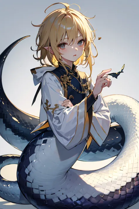 lamia male、delicate、9 years old、、Messy blonde hair、White scales、Composition that focuses on the upper body