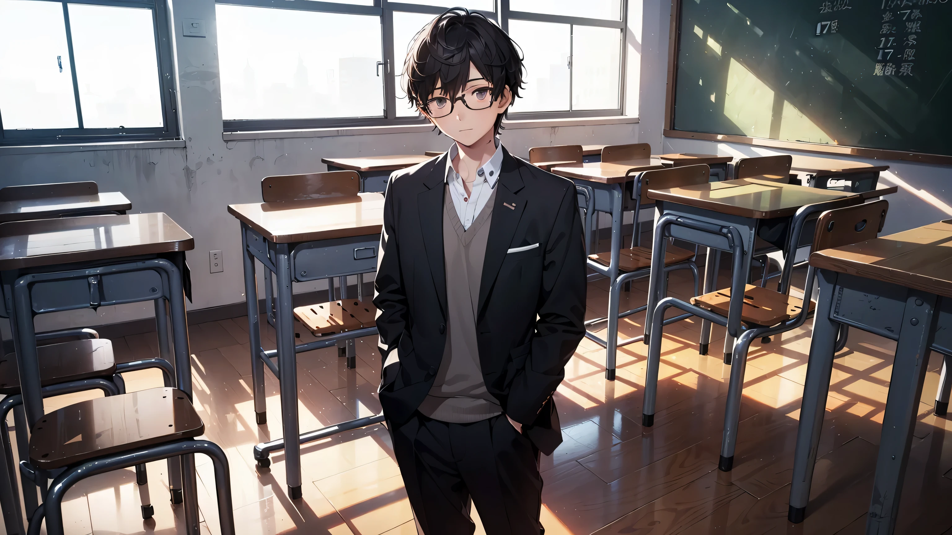masterpiece, best quality, 1boy, solo, Amamiya Ren, glasses, ((tsume-eri gakuran boy japanese school uniform)), corridor, ((top quality, ultra-detailed, high resolution, extremely detailed CG, unity 8k wallpaper, by famous artist, perfect anatomy, super detailed skin, cinematic lighting, UHD, retina, anatomically correct, 1080P)), (Please draw a single one boy walking in a classroom school :1.3), ((1boy)), (Solo, face,17-year-old:2.0), a high school student, ((full dark brown hair)) Full limbs, complete fingers, ((perfect fingers, perfect arms)), masculine, manly, small butt, Beautiful detailed full dark brown eyes, glasses, perfect eyes, (Detailed Lighting), (Detailed background), (in the school zone), full body view, standing, single guy (one guy), full body shot. Background is the school, front body,