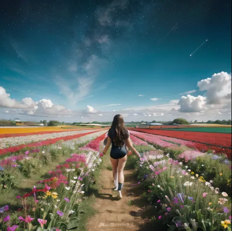 There is a girl standing in a flower field and looking up at the sky, stand in a flower field女の子, wearing a black high-leg swimsuit、person walking in a flower field, Lost in a dream wonderland, stand in a flower field, Awesome digital painting, Sky is Xu々I...