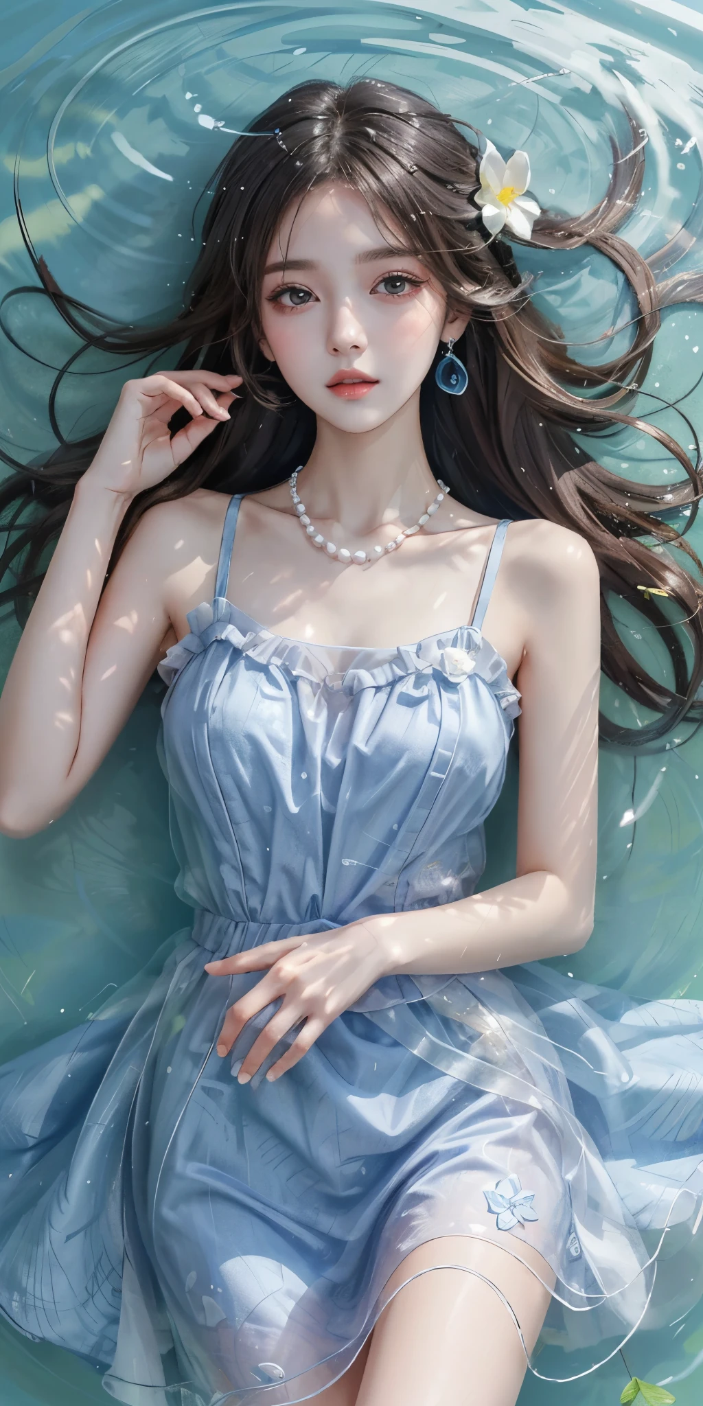 Sweet girl clothes2,pearl necklace,blue dress,flower,  best quality，masterpiece，ultra high resolution，Clear face,（Realism：1.4），RAW photos，cold light，woman wearing transparent dress underwater，Full body image，wallpaper anime blue water，Gurwitz-style artwork，Close-up fantasy of water magic，author：Yang Jie，Gurwitz，A beautiful artistic illustration，Water Nymphs，Beautiful digital artwork，Beautiful digital illustration，Li Song，A beautiful anime portrait，Bovo&#39;s art style