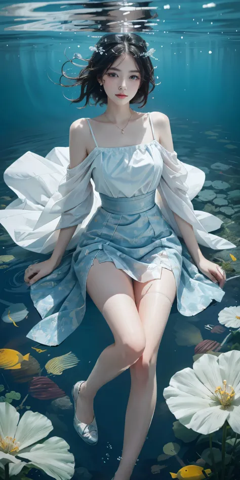 Sweet girl clothes5,high-waist skirt,jewelry,thighhighs,  best quality，masterpiece，ultra high resolution，Clear face,（Realism：1.4），RAW photos，cold light，woman wearing transparent dress underwater，Full body image，wallpaper anime blue water，Gurwitz-style artw...